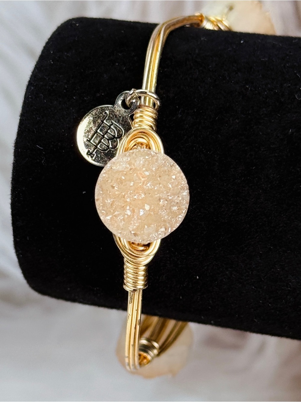 Bourbon and Bowtoes, goldtone wire wrapped druzy bangle bracelet